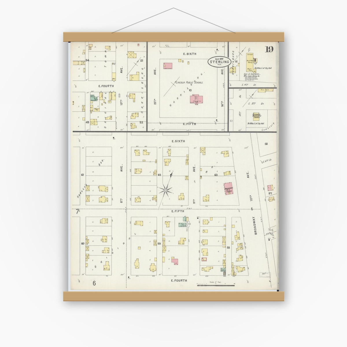 Old map wall art mockup — magnetic wood frame on white wall — Sanborn Fire Insurance Map from Sterling, Whiteside County, Illinois (1897), Sheet #0019