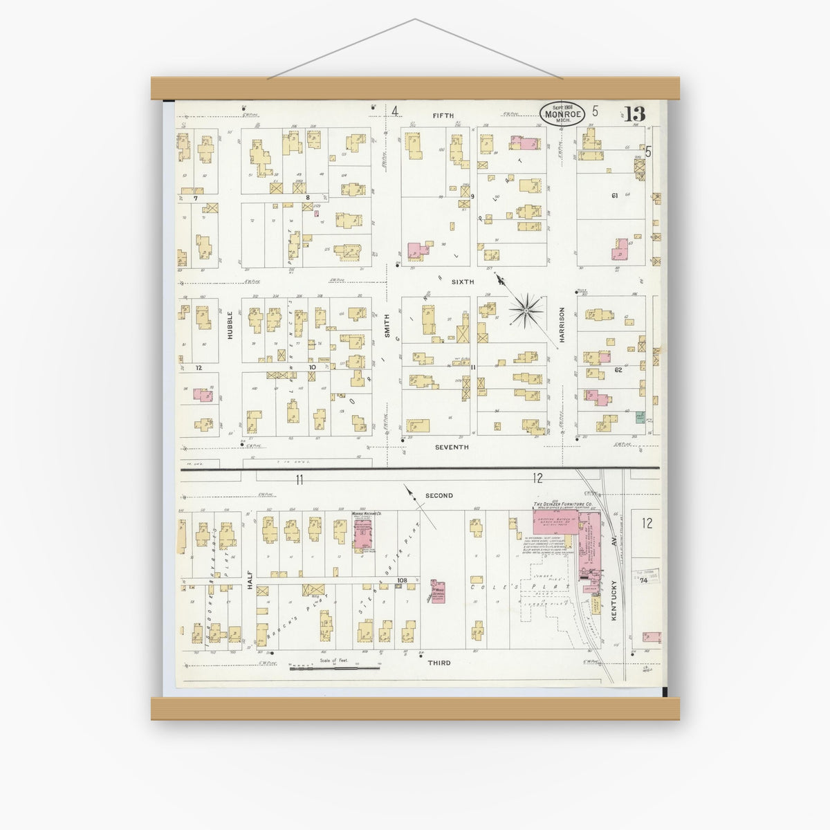 Old map wall art mockup — magnetic wood frame on white wall — Sanborn Fire Insurance Map from Monroe, Monroe County, Michigan (1908), Sheet #0013