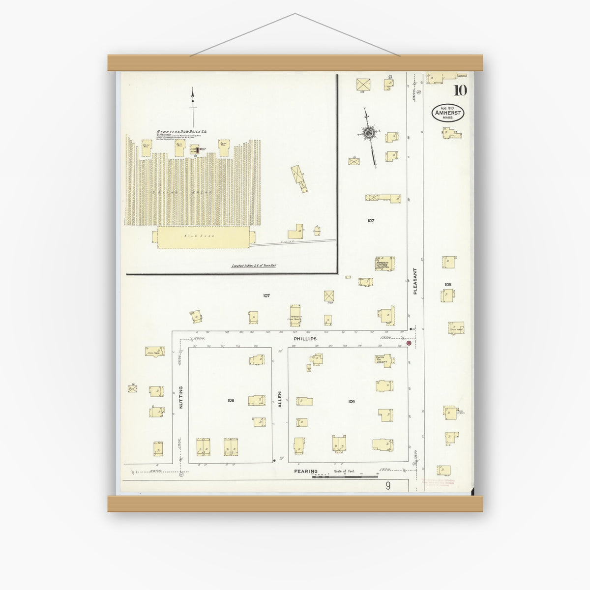 Old map wall art mockup — magnetic wood frame on white wall — Sanborn Fire Insurance Map from Amherst, Hampshire County, Massachusetts (1910), Sheet #0010