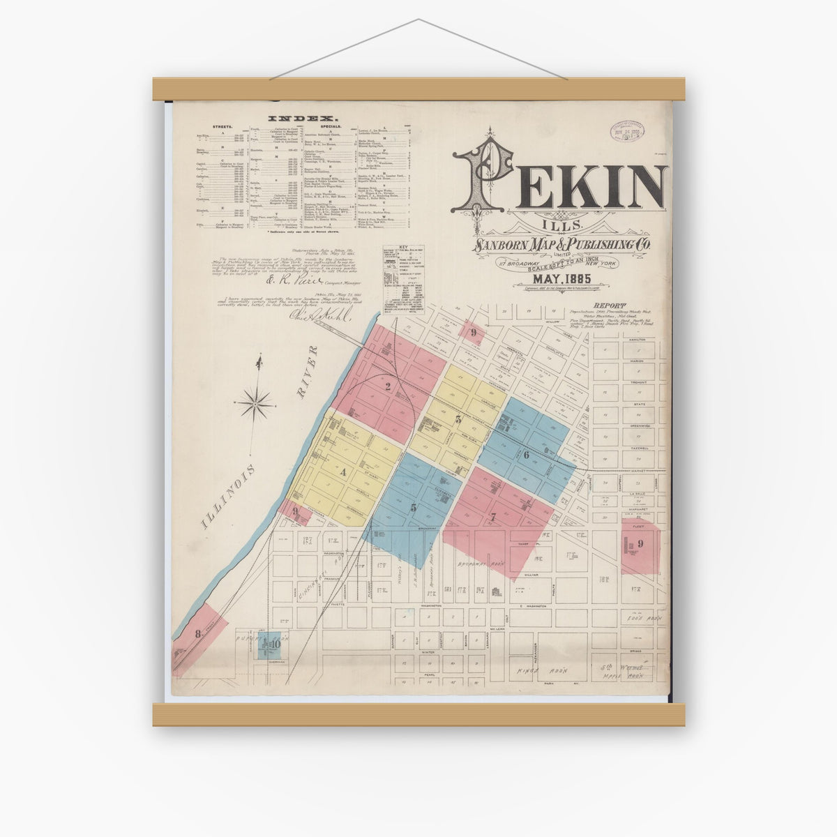 Old map wall art mockup — magnetic wood frame on white wall — Sanborn Fire Insurance Map from Pekin, Tazewell County, Illinois (1885) - Complete Map Set