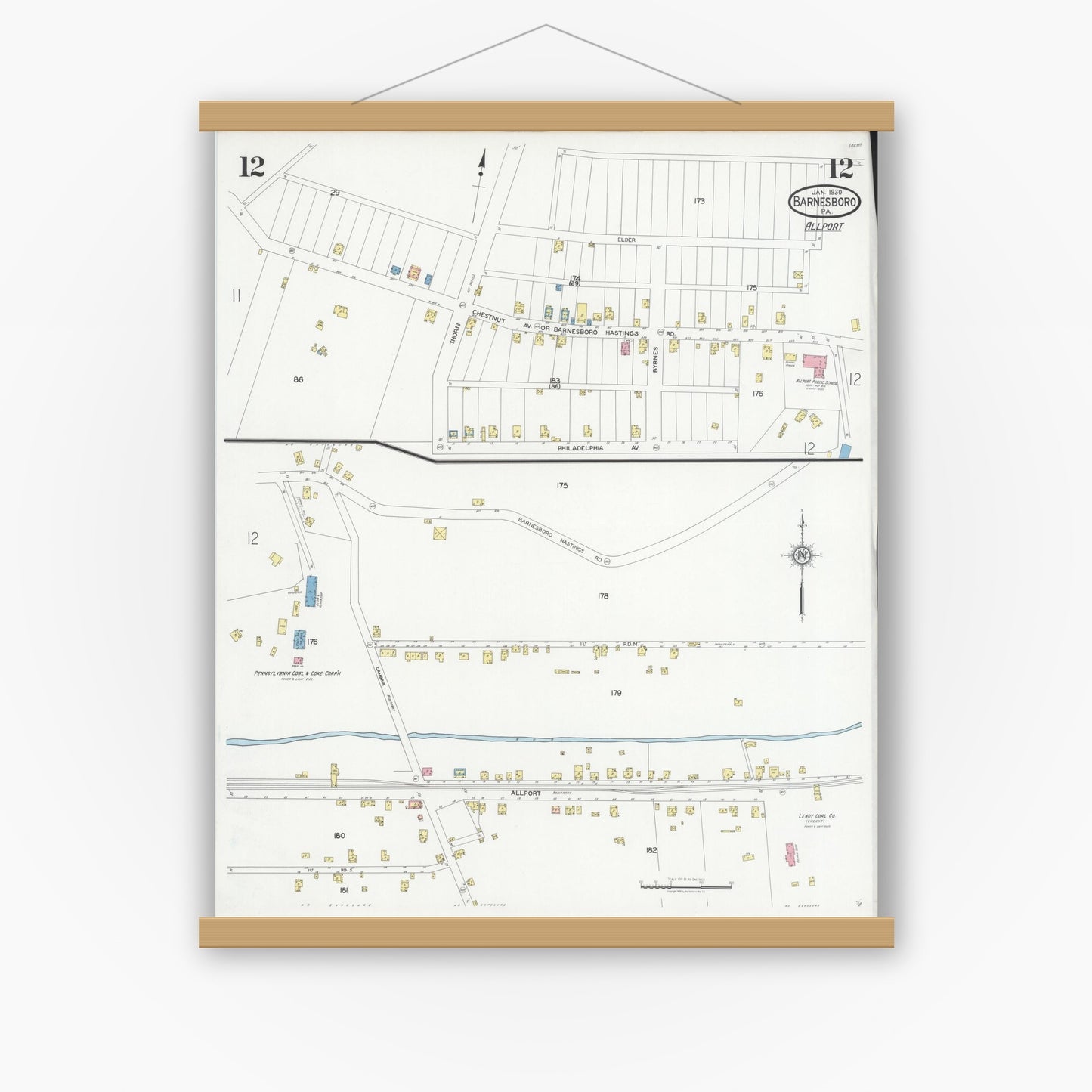 Old map wall art mockup — magnetic wood frame on white wall — Sanborn Fire Insurance Map from Barnesboro, Cambria County, Pennsylvania (1930), Sheet #0012