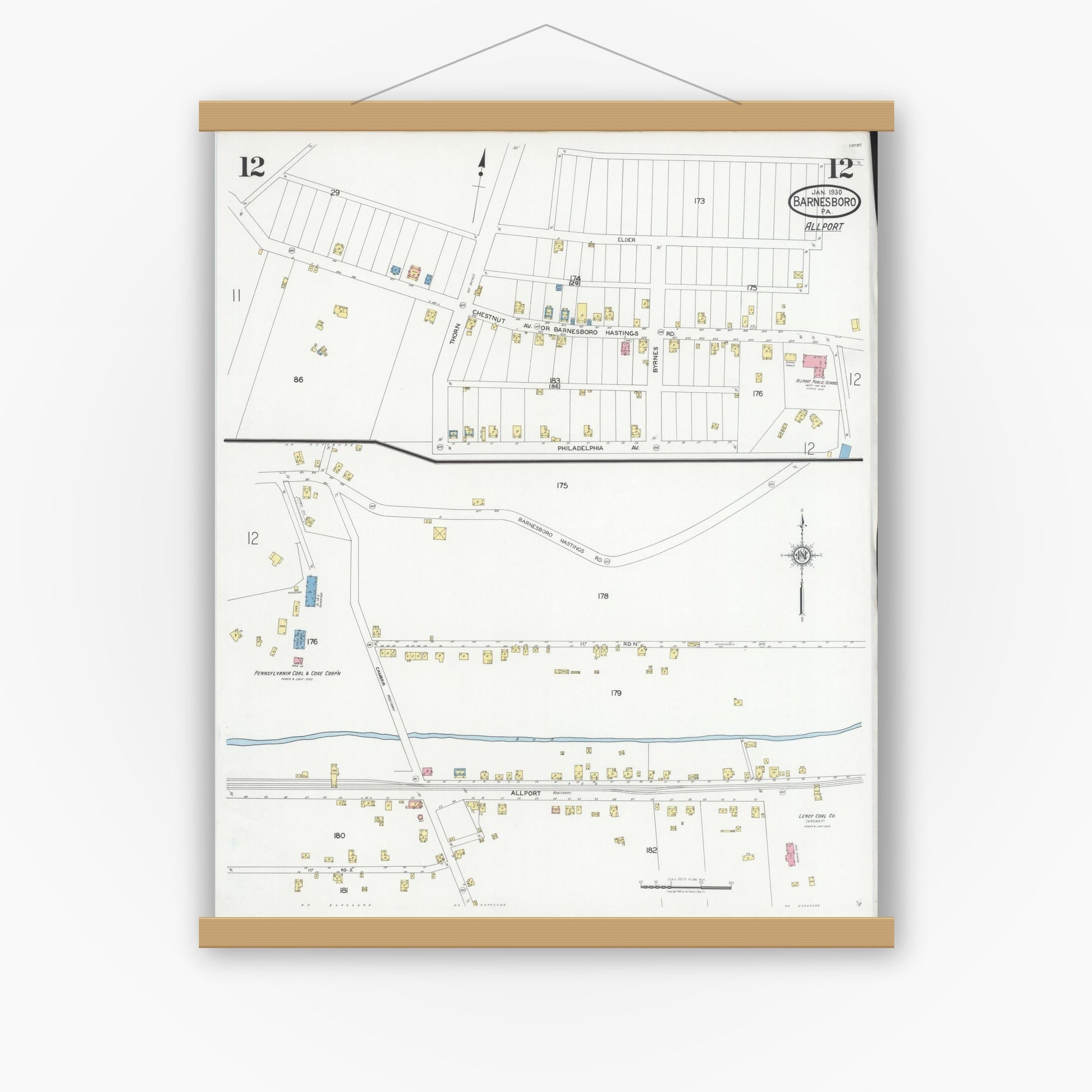 Old map wall art mockup — magnetic wood frame on white wall — Sanborn Fire Insurance Map from Barnesboro, Cambria County, Pennsylvania (1930), Sheet #0012