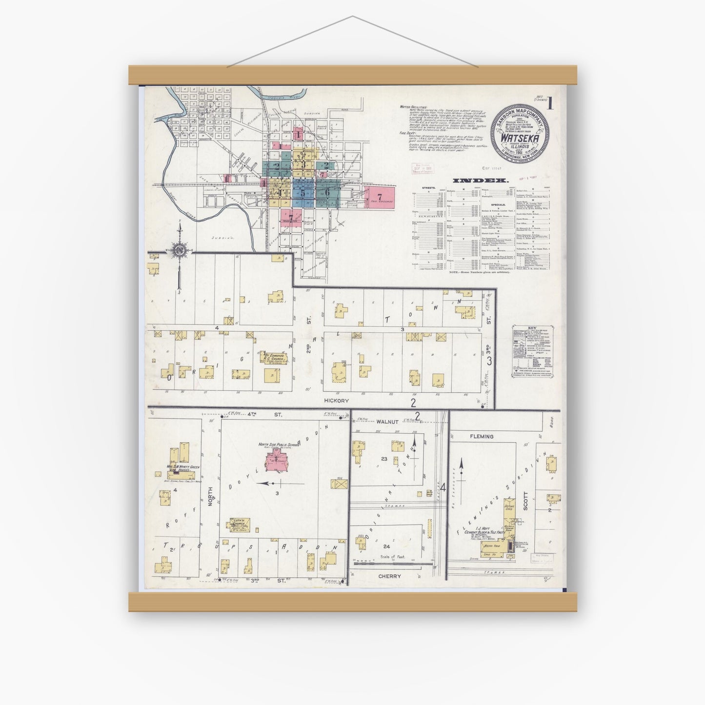 Old map wall art mockup — magnetic wood frame on white wall — Sanborn Fire Insurance Map from Watseka, Iroquois County, Illinois (1911) - Complete Map Set