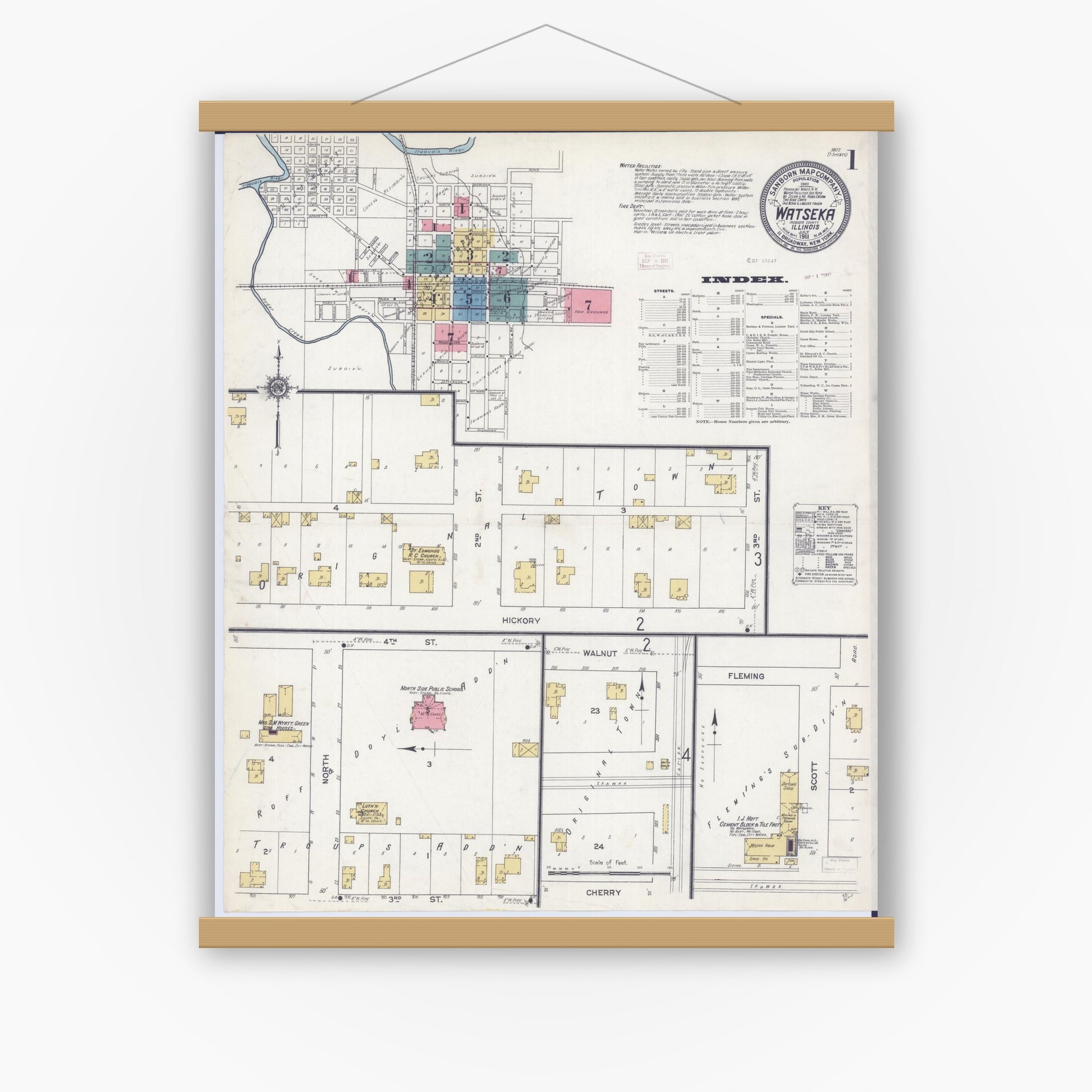Old map wall art mockup — magnetic wood frame on white wall — Sanborn Fire Insurance Map from Watseka, Iroquois County, Illinois (1911) - Complete Map Set