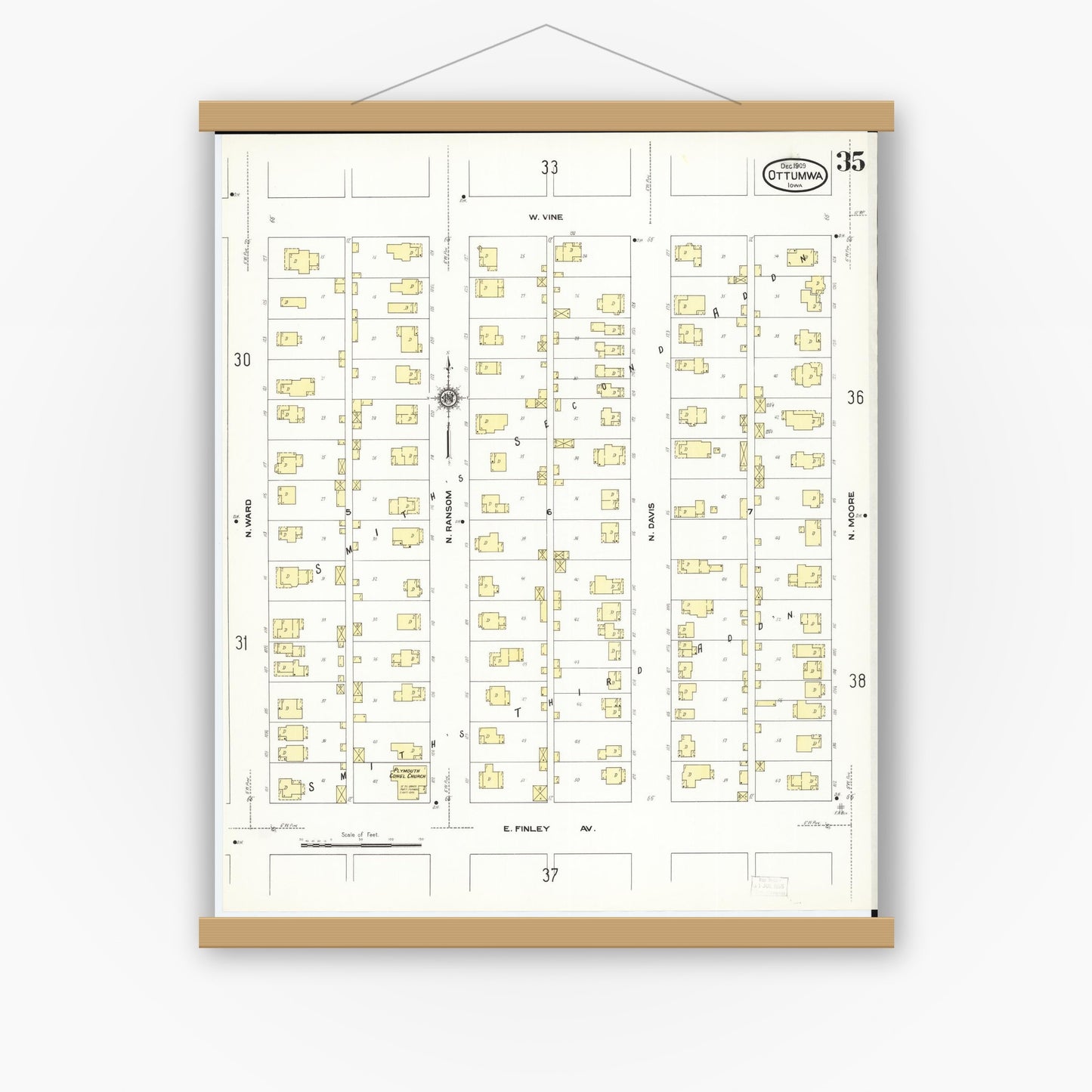 Old map wall art mockup — magnetic wood frame on white wall — Sanborn Fire Insurance Map from Ottumwa, Wapello County, Iowa (1909), Sheet #0035