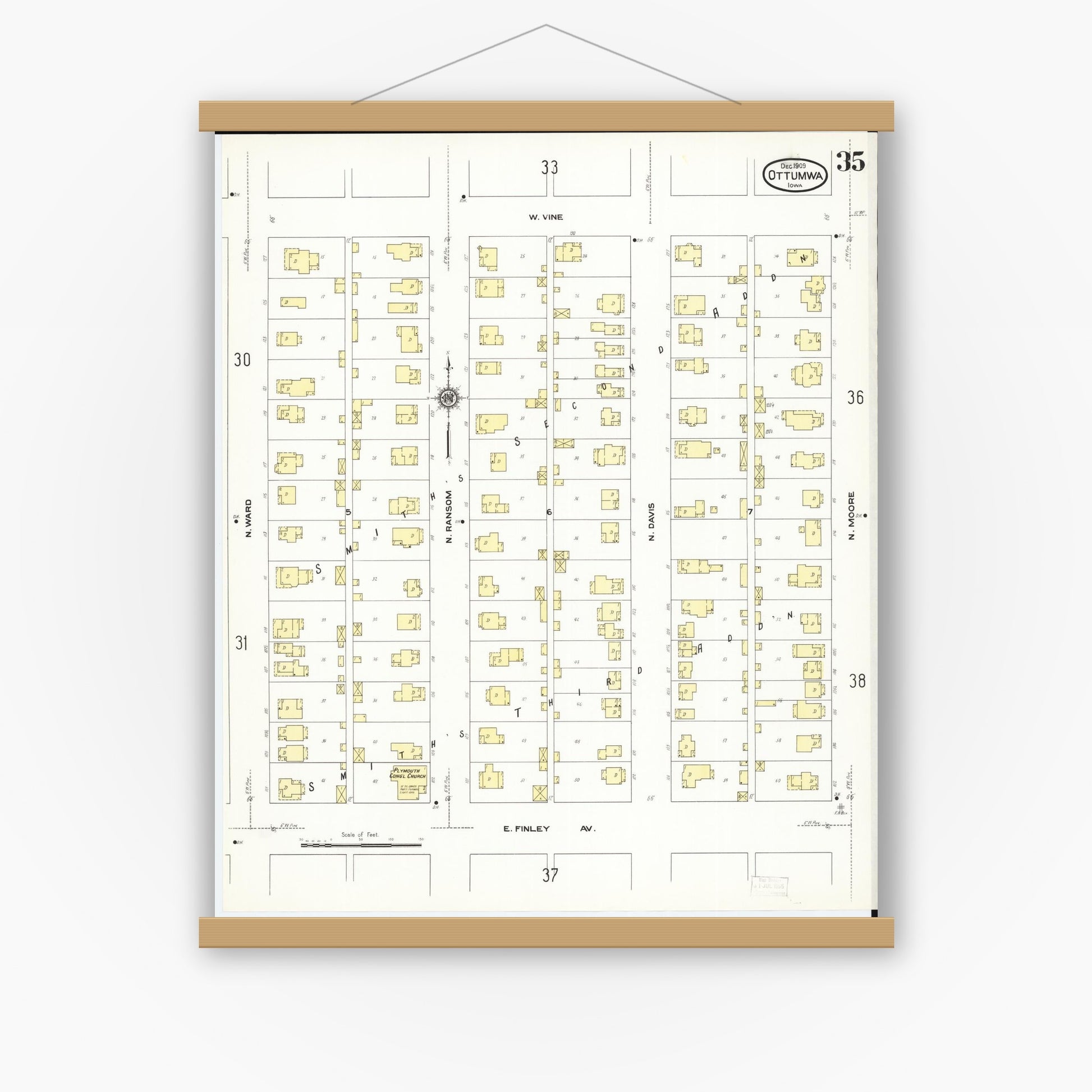Old map wall art mockup — magnetic wood frame on white wall — Sanborn Fire Insurance Map from Ottumwa, Wapello County, Iowa (1909), Sheet #0035