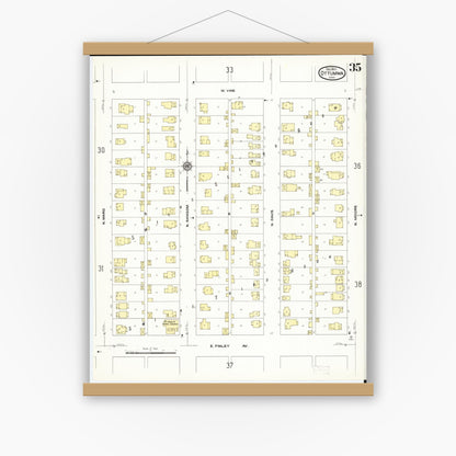 Old map wall art mockup — magnetic wood frame on white wall — Sanborn Fire Insurance Map from Ottumwa, Wapello County, Iowa (1909), Sheet #0035