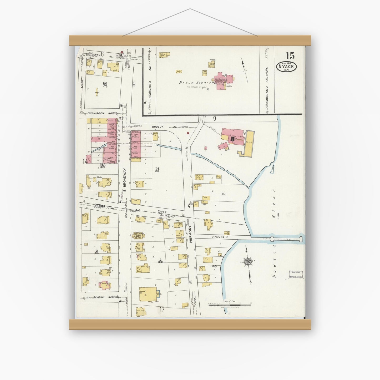 Old map wall art mockup — magnetic wood frame on white wall — Sanborn Fire Insurance Map from Nyack, Rockland County, New York. (1919), Sheet #0015