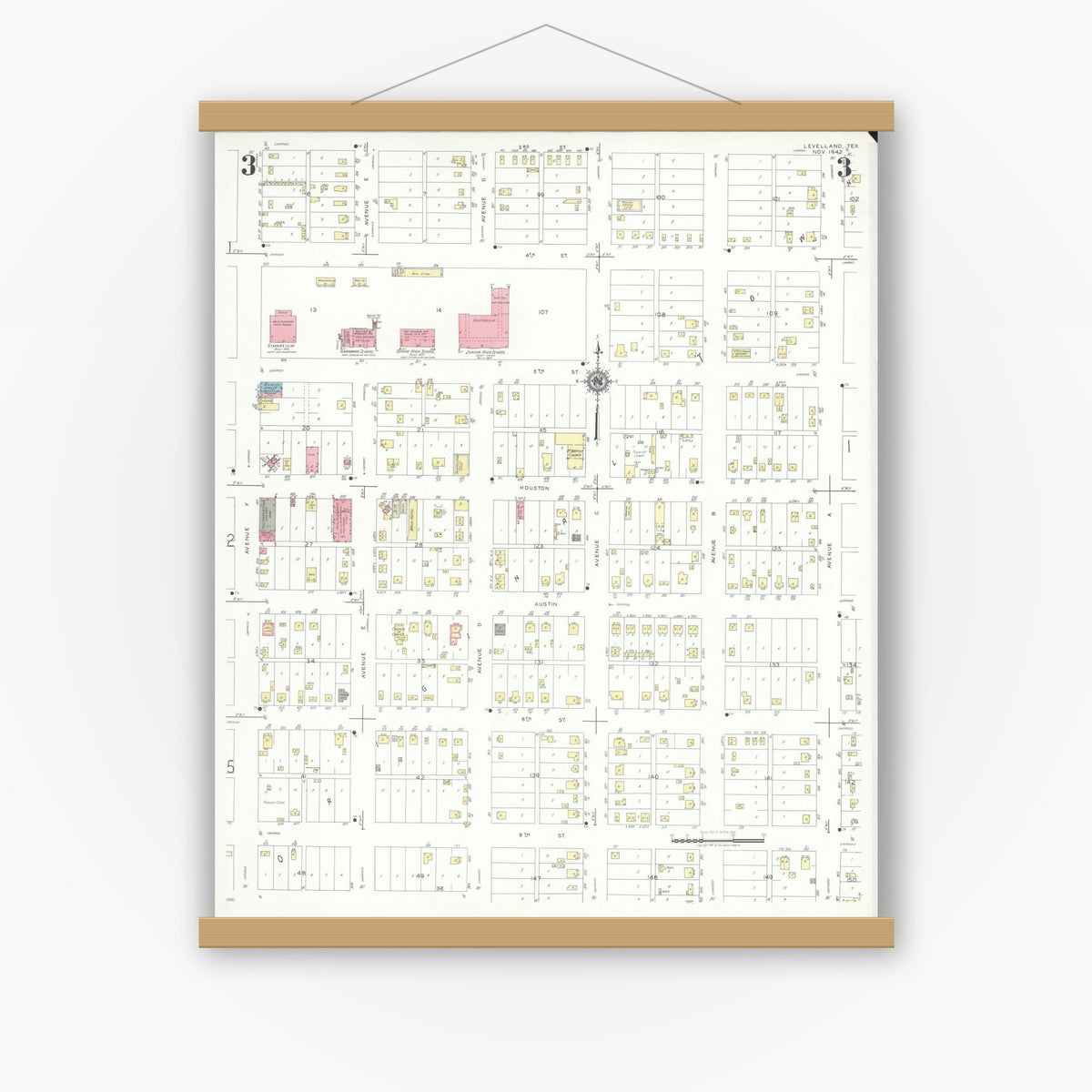 Old map wall art mockup — magnetic wood frame on white wall — Sanborn Fire Insurance Map from Levelland, Hockley County, Texas (1942), Sheet #0003