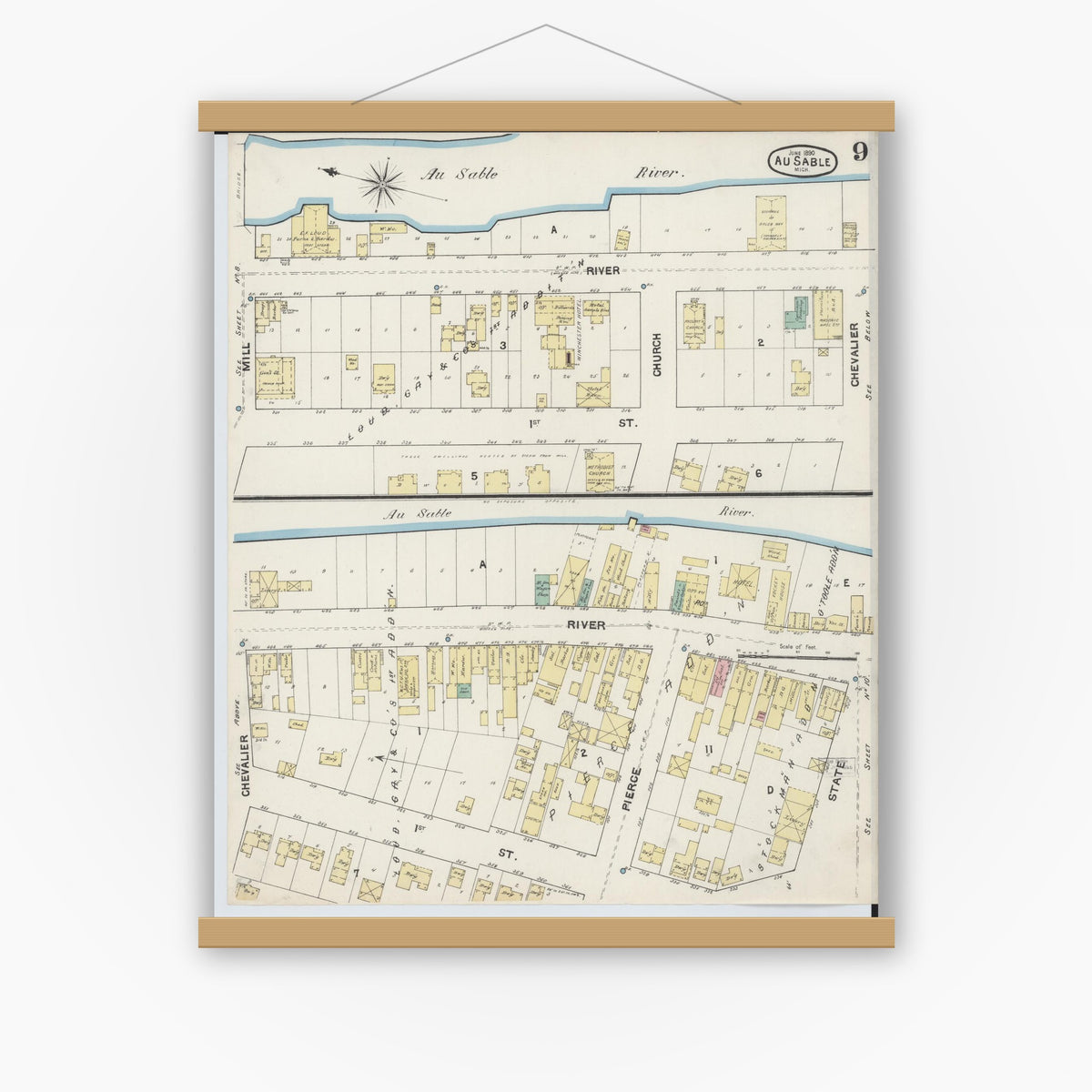 Old map wall art mockup — magnetic wood frame on white wall — Sanborn Fire Insurance Map from Oscoda, Iosco County, Michigan (1890), Sheet #0009