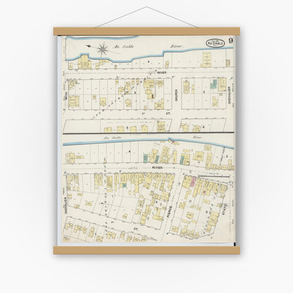 Old map wall art mockup — magnetic wood frame on white wall — Sanborn Fire Insurance Map from Oscoda, Iosco County, Michigan (1890), Sheet #0009
