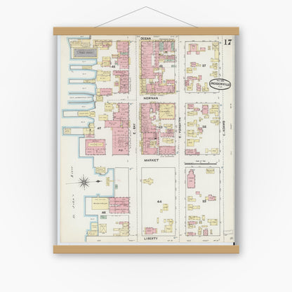 Old map wall art mockup — magnetic wood frame on white wall — Sanborn Fire Insurance Map from Jacksonville, Duval County, Florida (1891), Sheet #0017