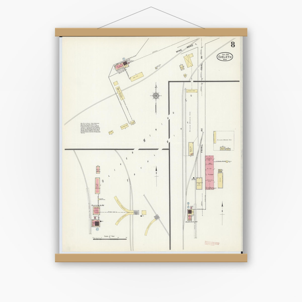Old map wall art mockup — magnetic wood frame on white wall — Sanborn Fire Insurance Map from Eveleth, Saint Louis County, Minnesota (1912), Sheet #0008