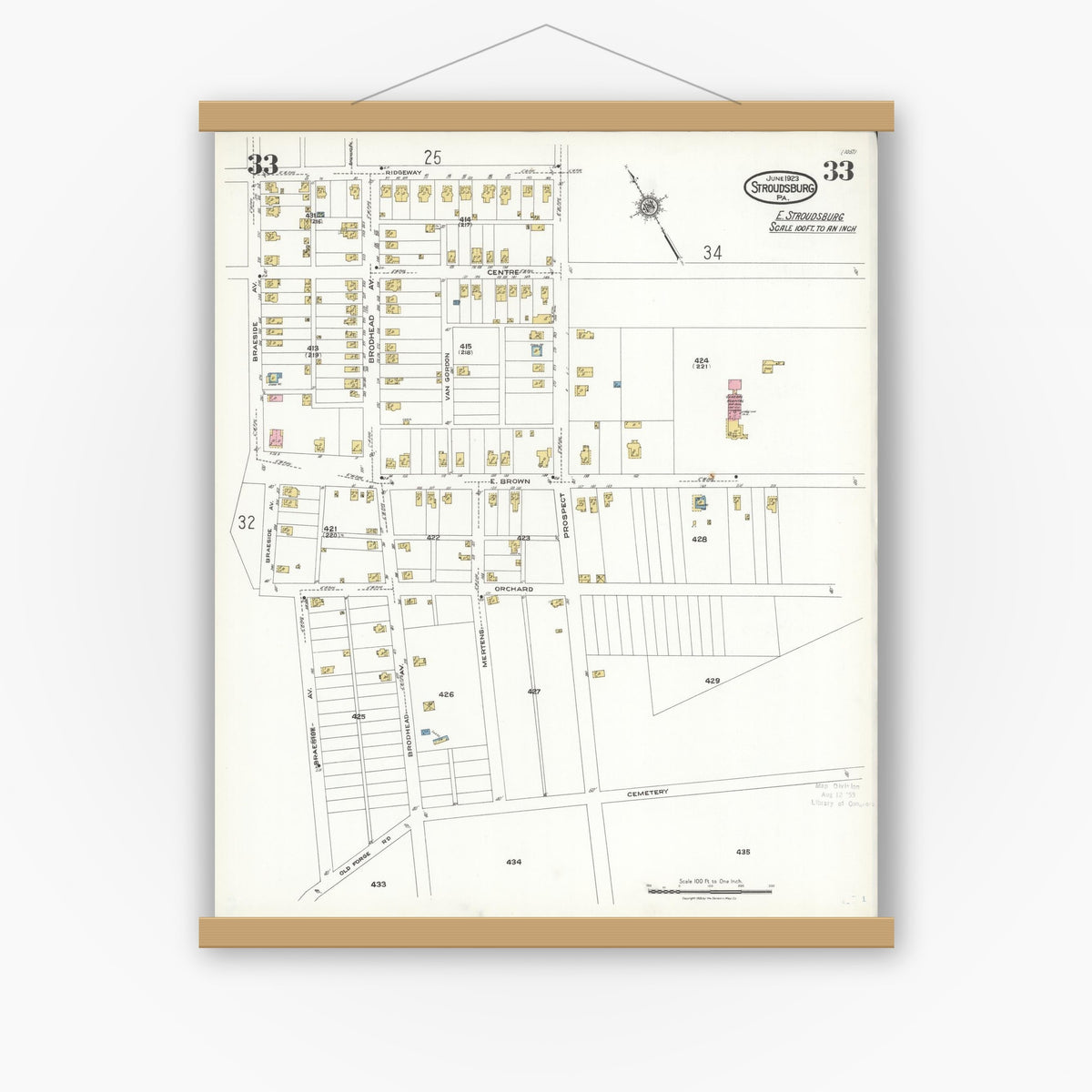 Old map wall art mockup — magnetic wood frame on white wall — Sanborn Fire Insurance Map from Stroudsburg, Monroe County, Pennsylvania (1923), Sheet #0033