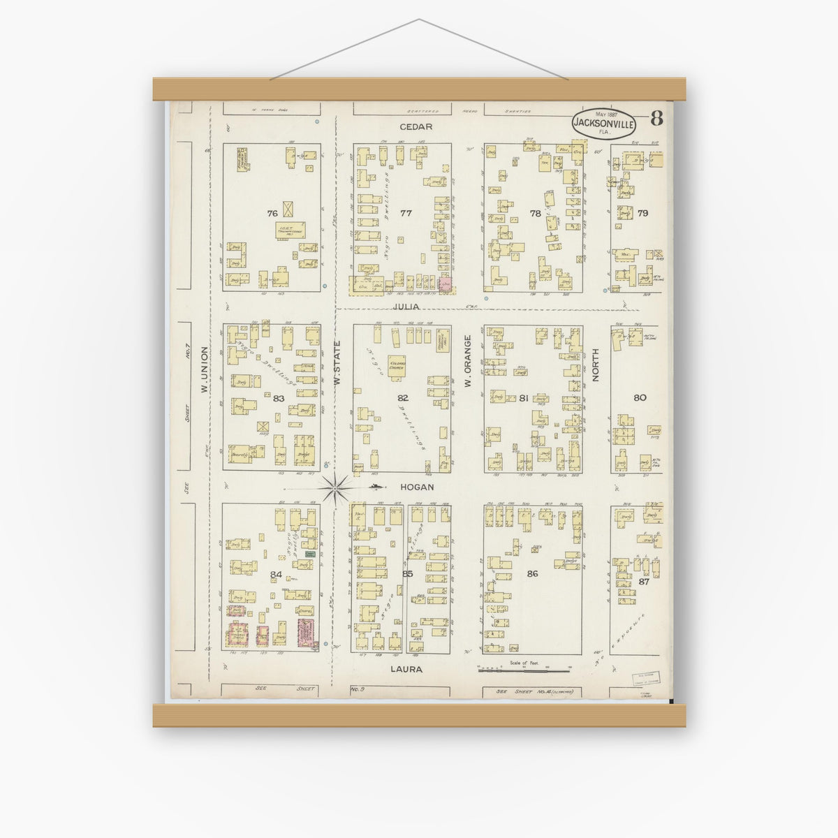 Old map wall art mockup — magnetic wood frame on white wall — Sanborn Fire Insurance Map from Jacksonville, Duval County, Florida (1887), Sheet #0008