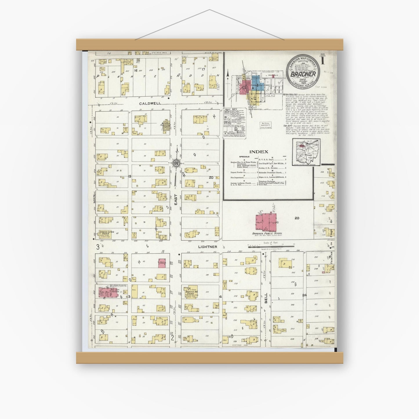 Old map wall art mockup — magnetic wood frame on white wall — Sanborn Fire Insurance Map from Bradner, Wood County, Ohio (1920), Sheet #0001