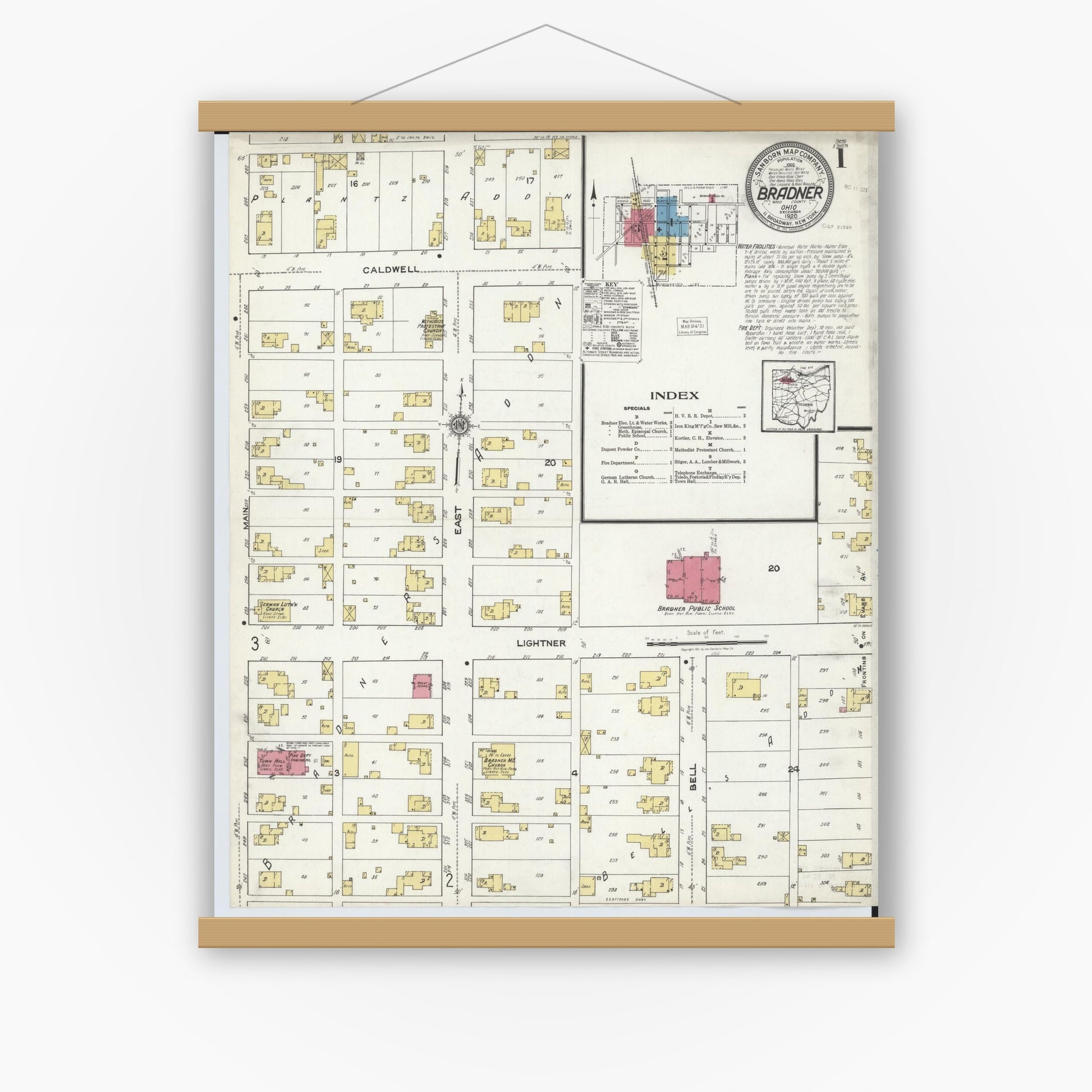 Old map wall art mockup — magnetic wood frame on white wall — Sanborn Fire Insurance Map from Bradner, Wood County, Ohio (1920), Sheet #0001