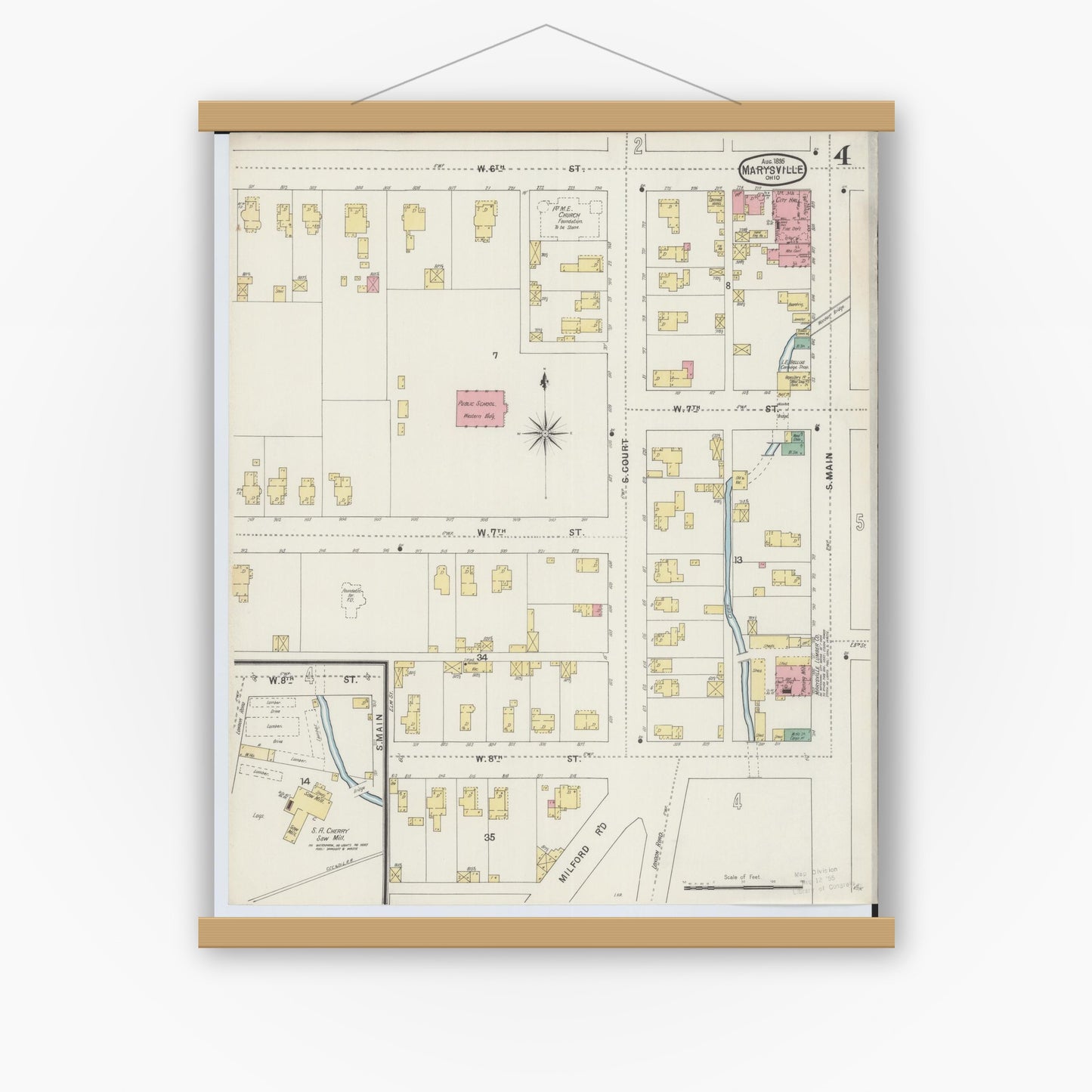 Old map wall art mockup — magnetic wood frame on white wall — Sanborn Fire Insurance Map from Marysville, Union County, Ohio (1895), Sheet #0004