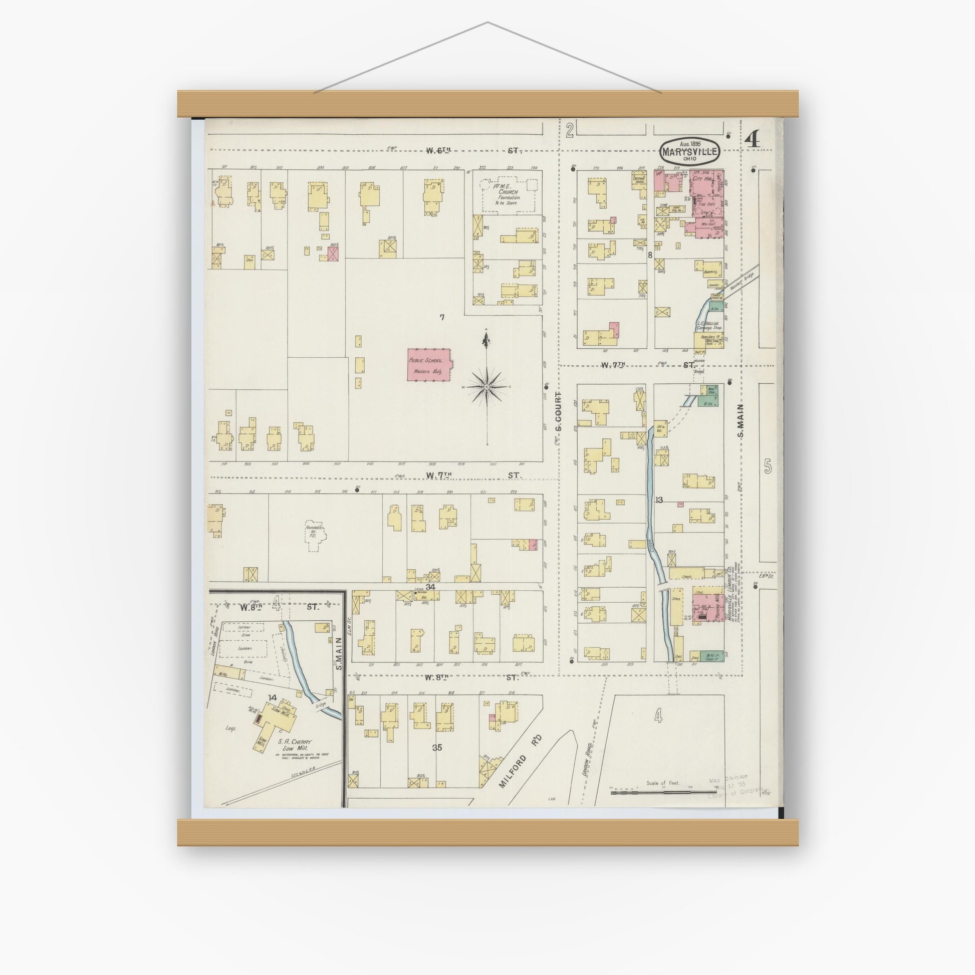 Old map wall art mockup — magnetic wood frame on white wall — Sanborn Fire Insurance Map from Marysville, Union County, Ohio (1895), Sheet #0004