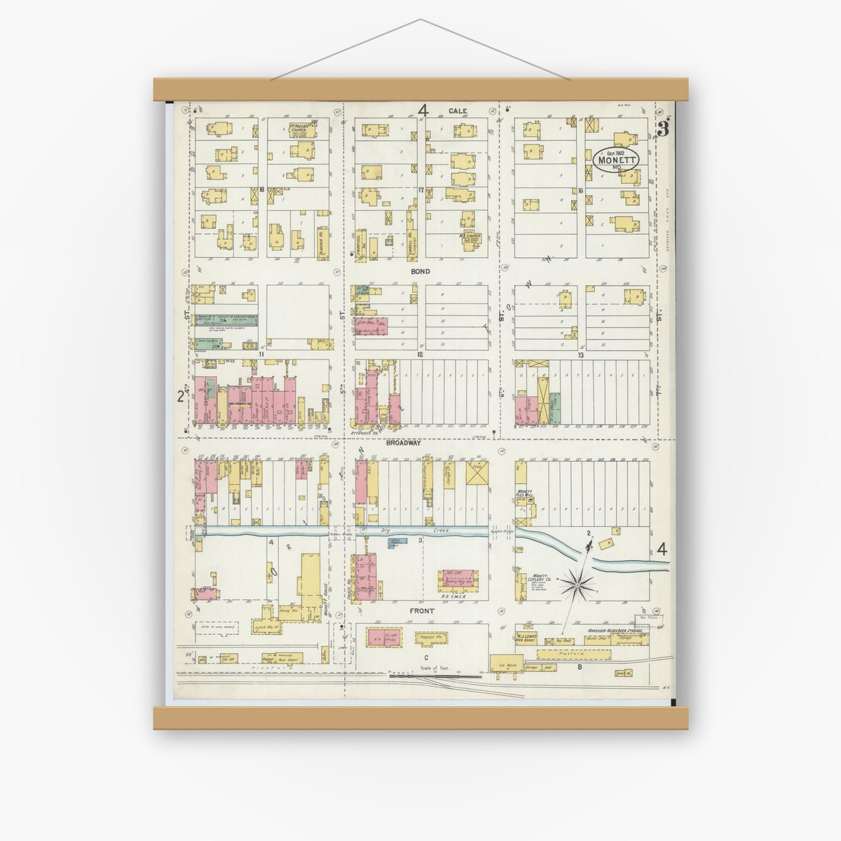 Old map wall art mockup — magnetic wood frame on white wall — Sanborn Fire Insurance Map from Monett, Barry County, Missouri (1902), Sheet #0003