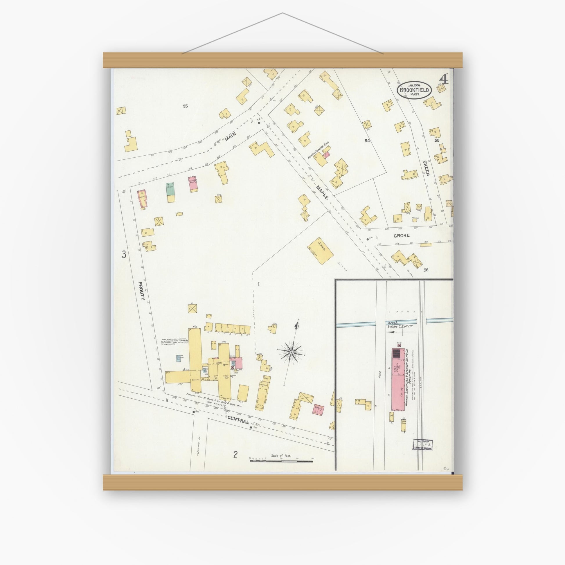Old map wall art mockup — magnetic wood frame on white wall — Sanborn Fire Insurance Map from Brookfield, Worcester County, Massachusetts (1904), Sheet #0004