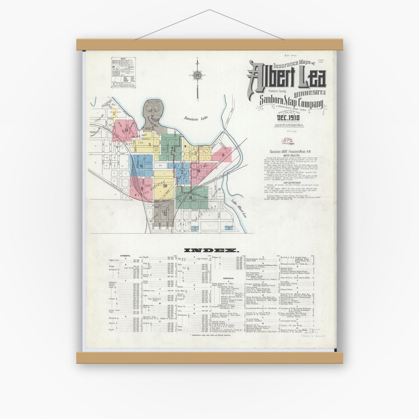 Old map wall art mockup — magnetic wood frame on white wall — Sanborn Fire Insurance Map from Albert Lea, Freeborn County, Minnesota (1910), Sheet #0001