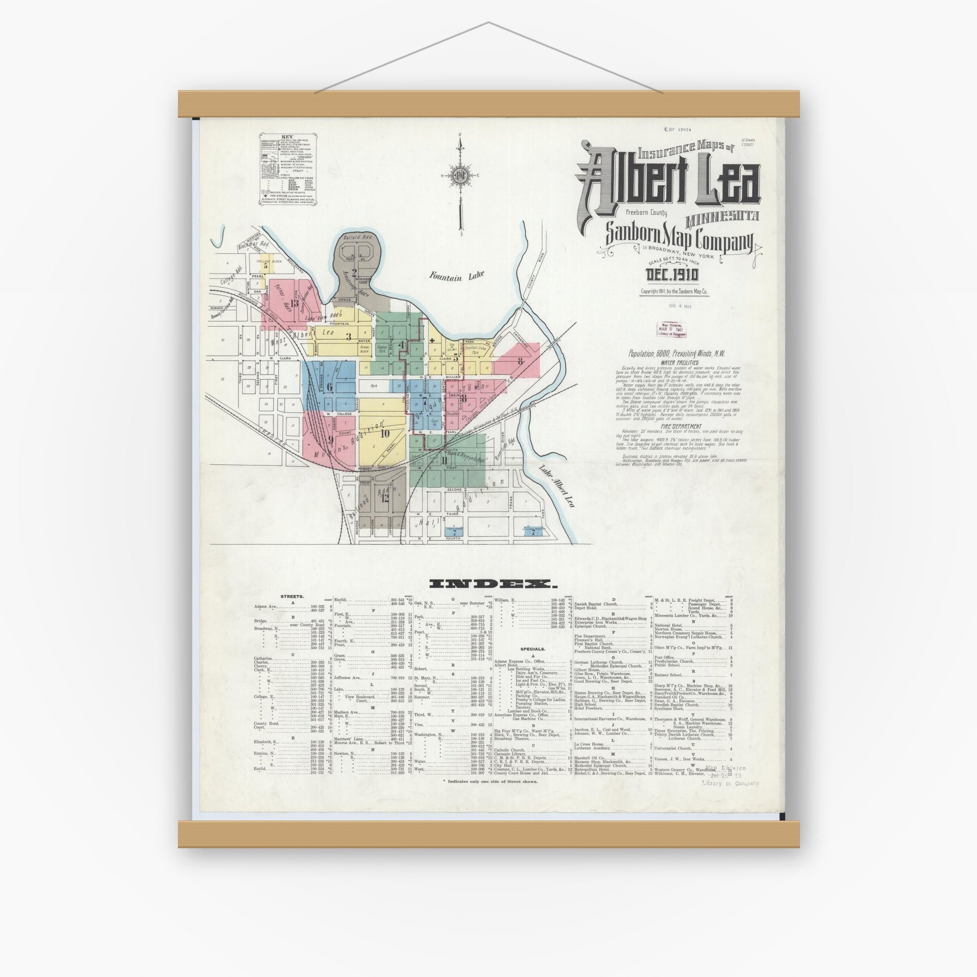 Old map wall art mockup — magnetic wood frame on white wall — Sanborn Fire Insurance Map from Albert Lea, Freeborn County, Minnesota (1910), Sheet #0001