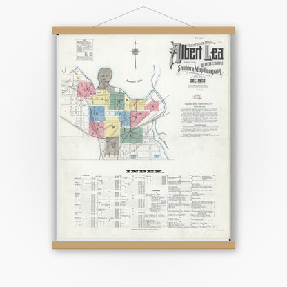 Old map wall art mockup — magnetic wood frame on white wall — Sanborn Fire Insurance Map from Albert Lea, Freeborn County, Minnesota (1910), Sheet #0001