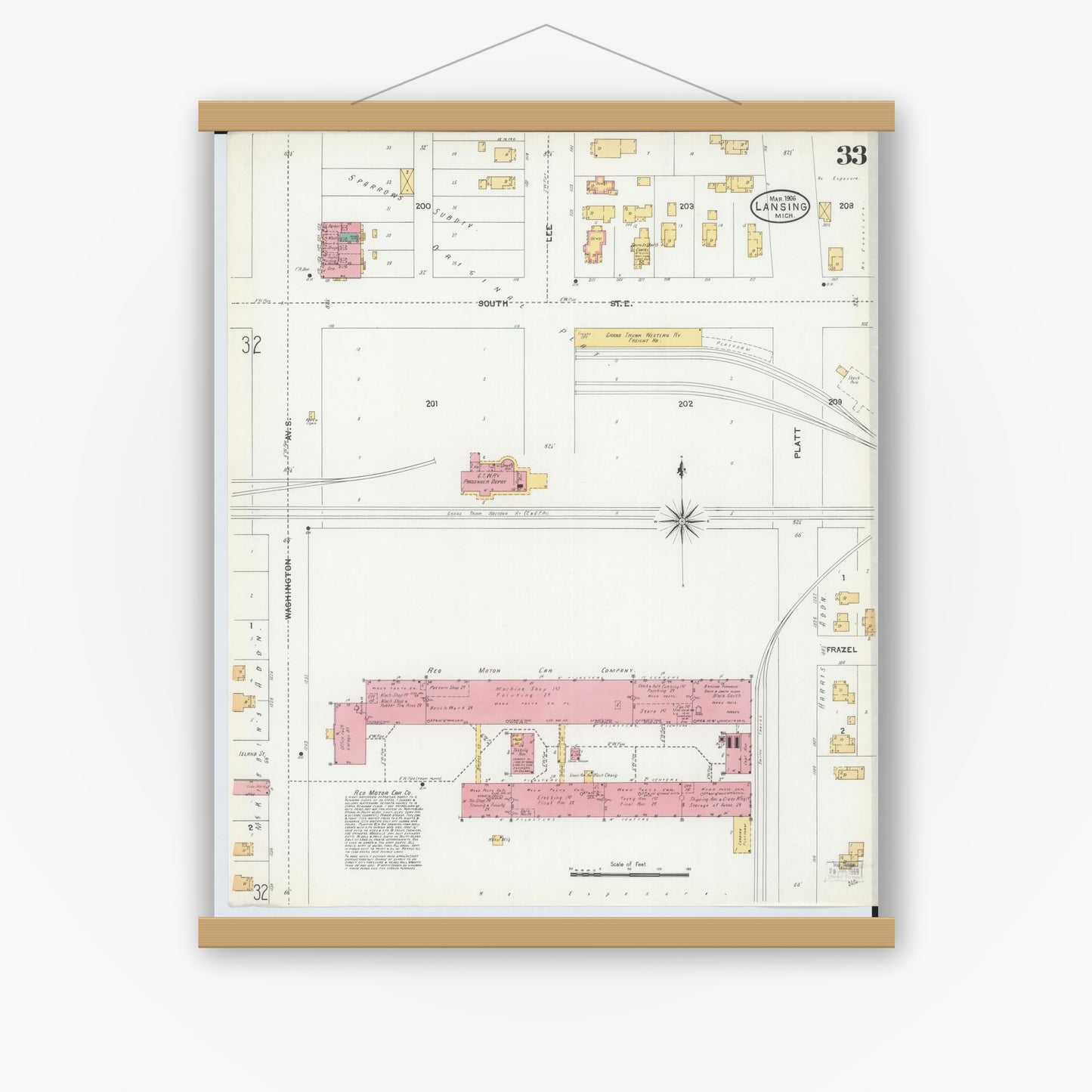 Old map wall art mockup — magnetic wood frame on white wall — Sanborn Fire Insurance Map from Lansing, Ingham County, Michigan (1906), Sheet #0033