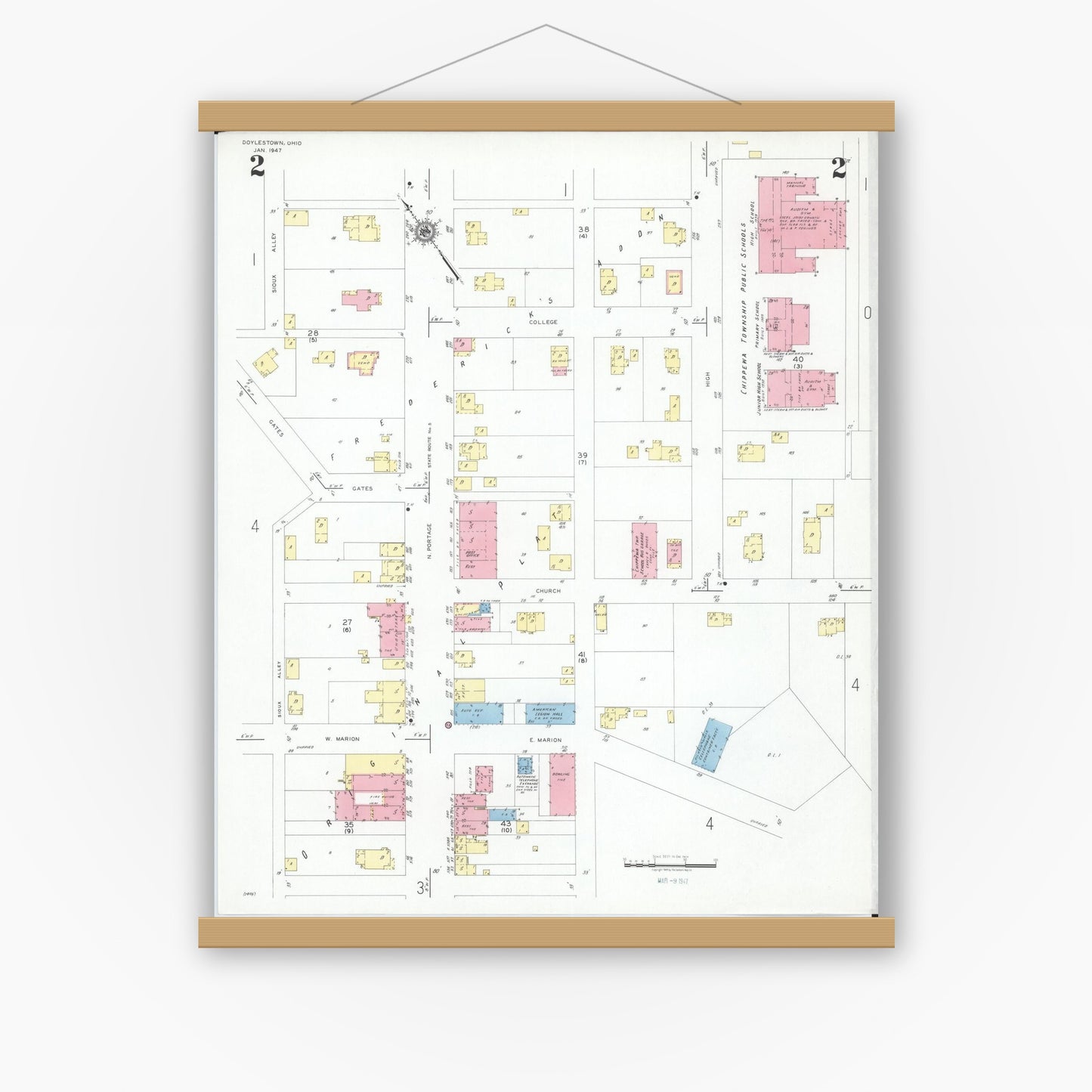 Old map wall art mockup — magnetic wood frame on white wall — Sanborn Fire Insurance Map from Doylestown, Wayne County, Ohio (1947), Sheet #0002