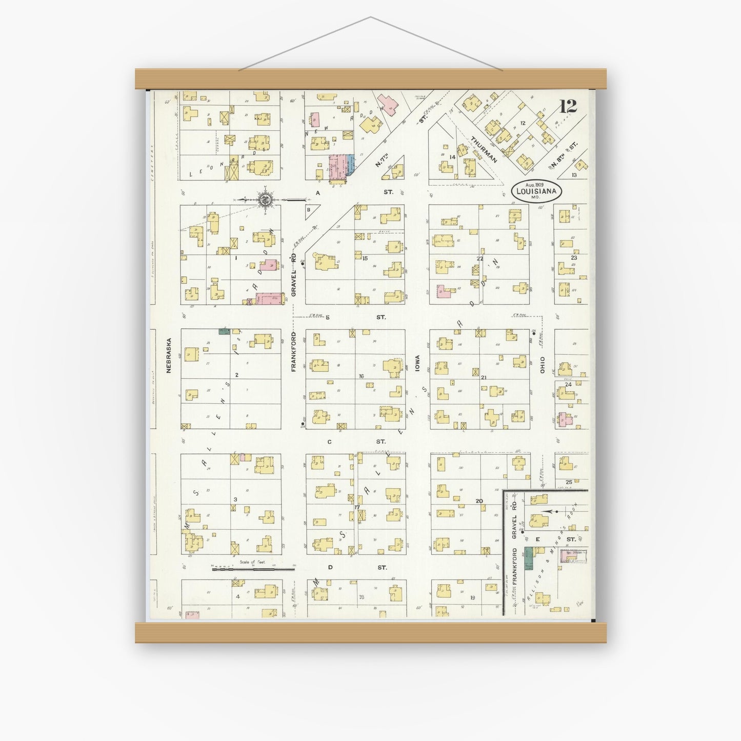 Old map wall art mockup — magnetic wood frame on white wall — Sanborn Fire Insurance Map from Louisiana, Pike County, Missouri (1909), Sheet #0012