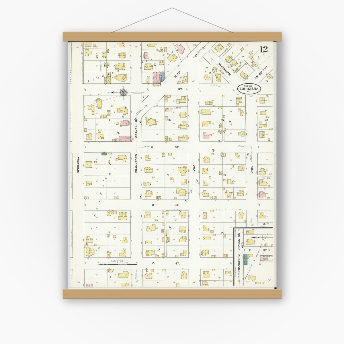 Old map wall art mockup — magnetic wood frame on white wall — Sanborn Fire Insurance Map from Louisiana, Pike County, Missouri (1909), Sheet #0012