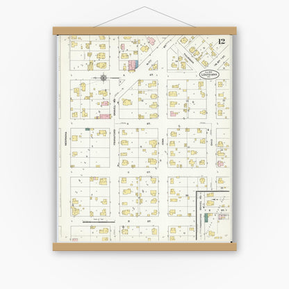Old map wall art mockup — magnetic wood frame on white wall — Sanborn Fire Insurance Map from Louisiana, Pike County, Missouri (1909), Sheet #0012