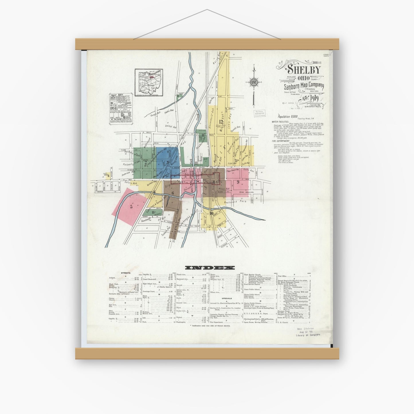Old map wall art mockup — magnetic wood frame on white wall — Sanborn Fire Insurance Map from Shelby, Richland County, Ohio (1919) - Complete Map Set