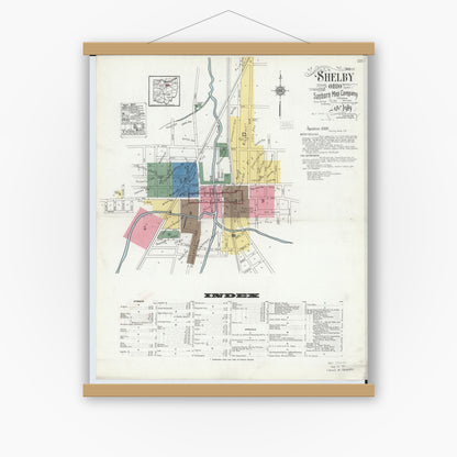 Old map wall art mockup — magnetic wood frame on white wall — Sanborn Fire Insurance Map from Shelby, Richland County, Ohio (1919) - Complete Map Set
