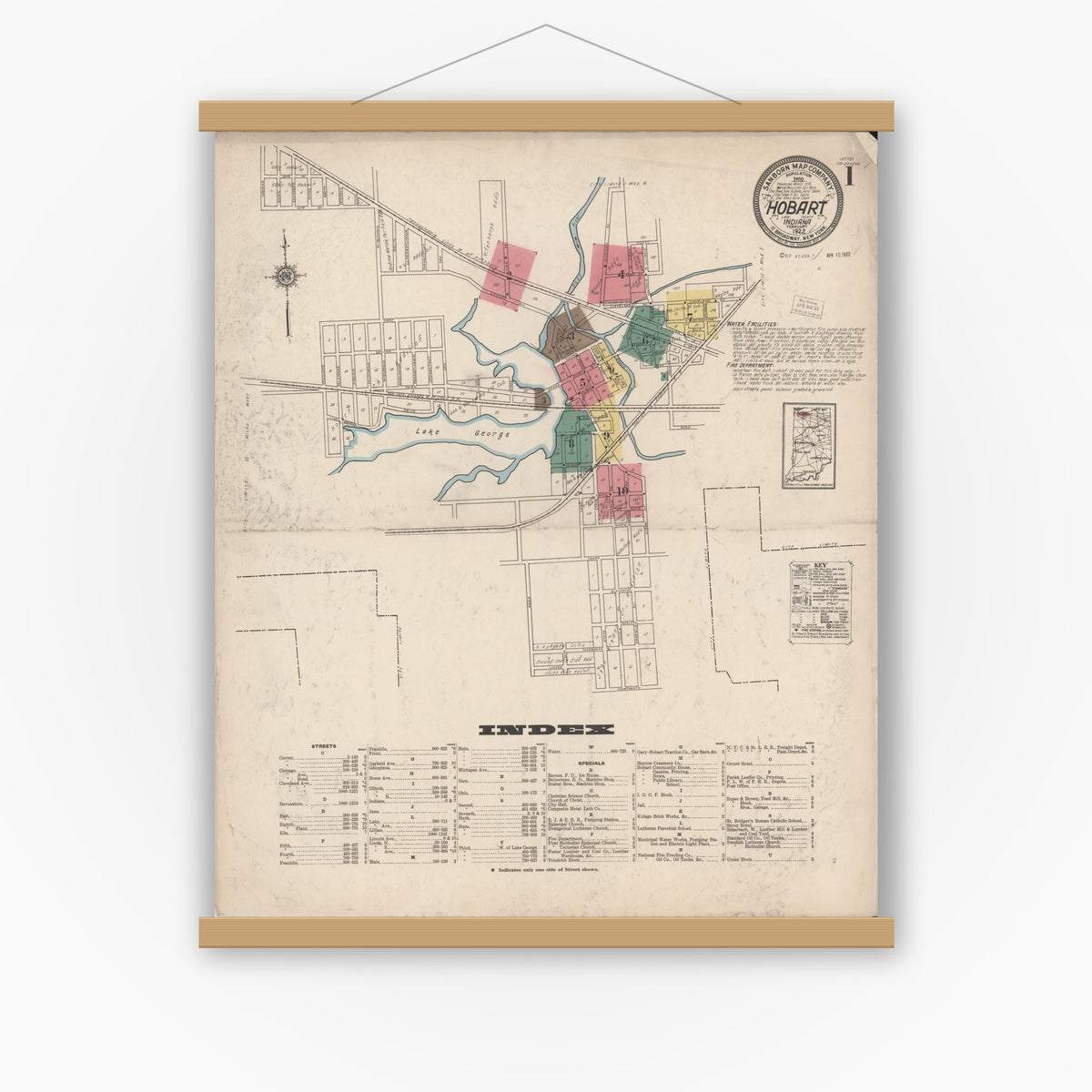 Old map wall art mockup — magnetic wood frame on white wall — Sanborn Fire Insurance Map from Hobart, Lake County, Indiana (1922) - Complete Map Set