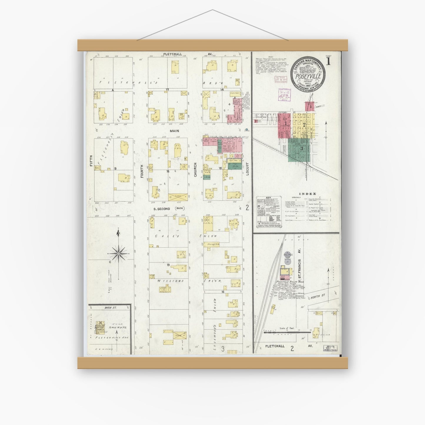 Old map wall art mockup — magnetic wood frame on white wall — Sanborn Fire Insurance Map from Poseyville, Posey County, Indiana (1907) - Complete Map Set