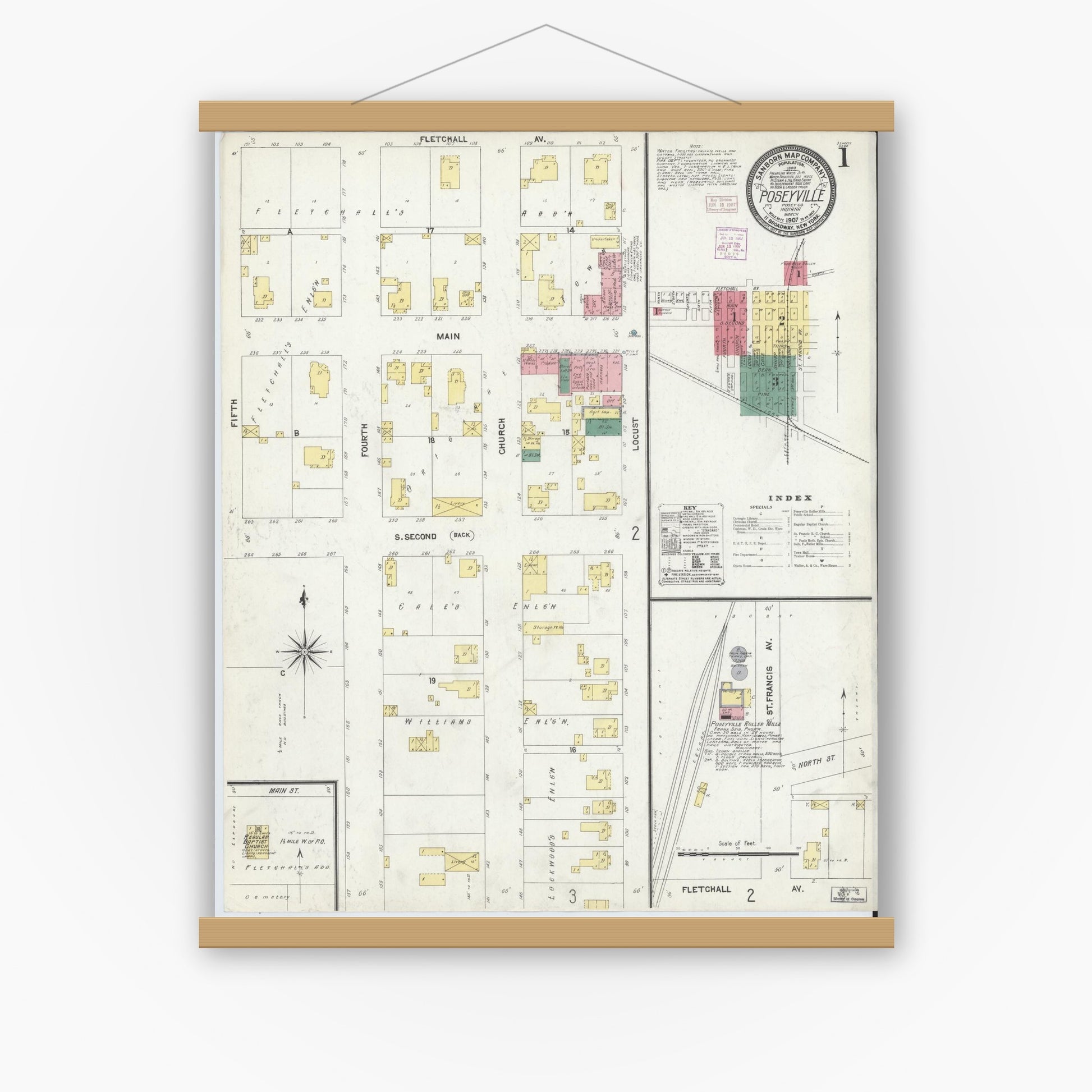 Old map wall art mockup — magnetic wood frame on white wall — Sanborn Fire Insurance Map from Poseyville, Posey County, Indiana (1907) - Complete Map Set