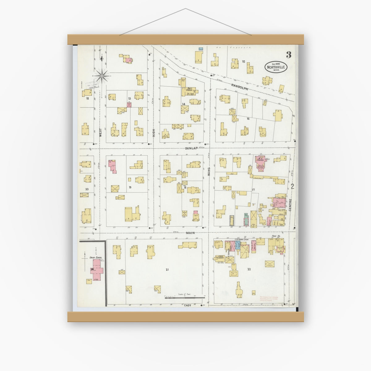 Old map wall art mockup — magnetic wood frame on white wall — Sanborn Fire Insurance Map from Northville, Wayne County, Michigan (1899), Sheet #0003