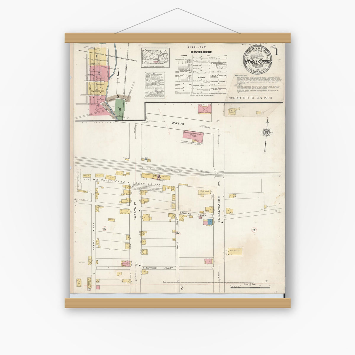 Old map wall art mockup — magnetic wood frame on white wall — Sanborn Fire Insurance Map from Mount Holly Springs, Cumberland County, Pennsylvania (1929), Sheet #0001
