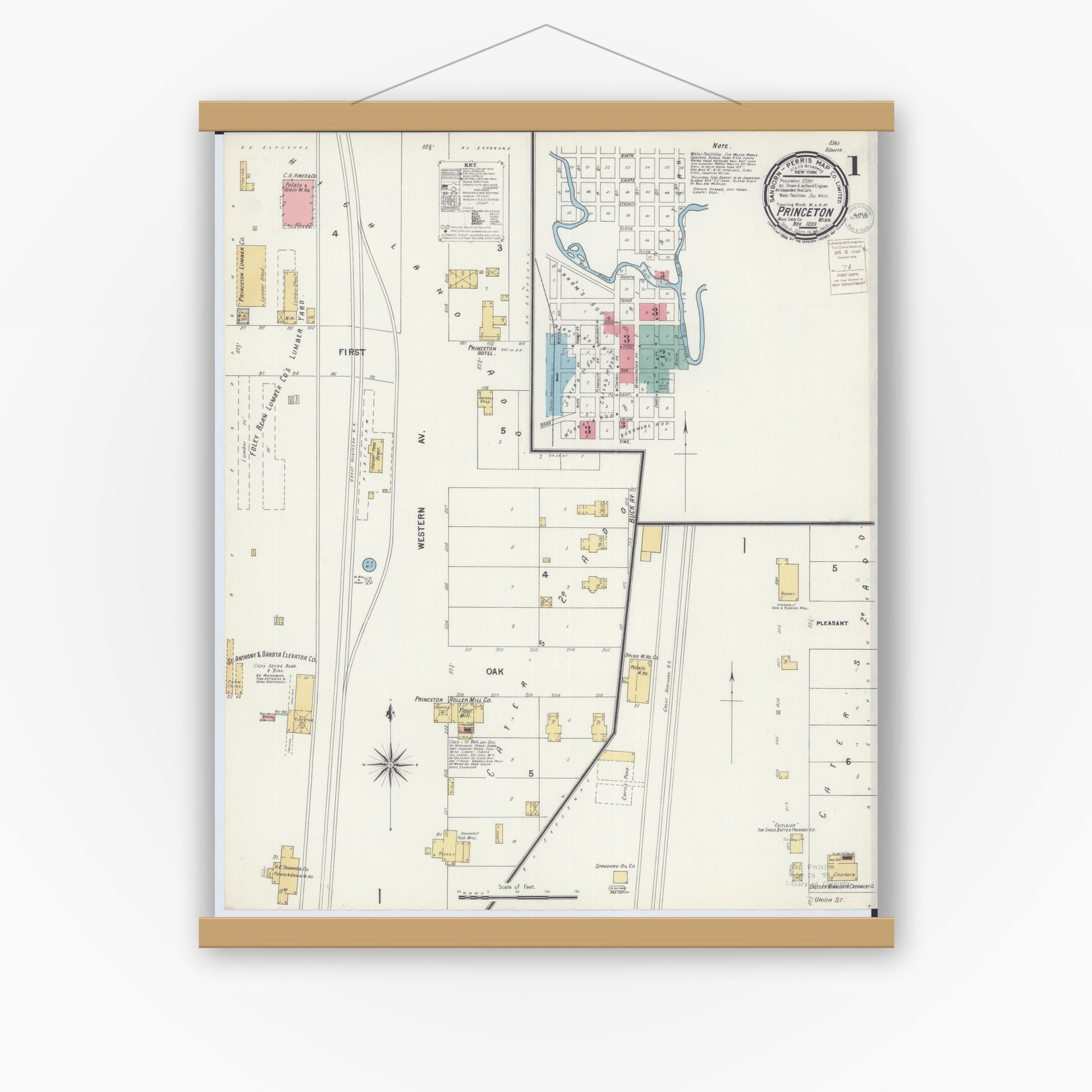 Old map wall art mockup — magnetic wood frame on white wall — Sanborn Fire Insurance Map from Princeton, Mille Lacs County, Minnesota (1899), Sheet #0001