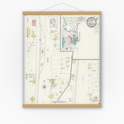 Old map wall art mockup — magnetic wood frame on white wall — Sanborn Fire Insurance Map from Princeton, Mille Lacs County, Minnesota (1899), Sheet #0001