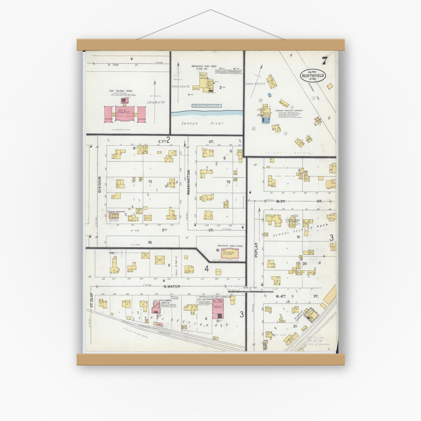 Old map wall art mockup — magnetic wood frame on white wall — Sanborn Fire Insurance Map from Northfield, Rice County, Minnesota (1900), Sheet #0007