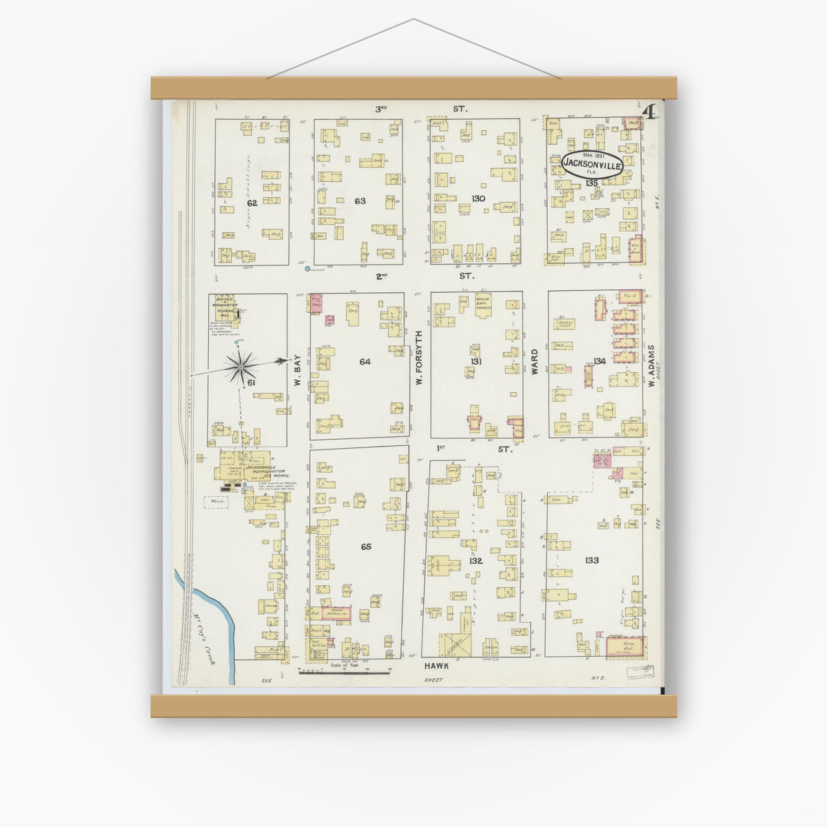 Old map wall art mockup — magnetic wood frame on white wall — Sanborn Fire Insurance Map from Jacksonville, Duval County, Florida (1891), Sheet #0004