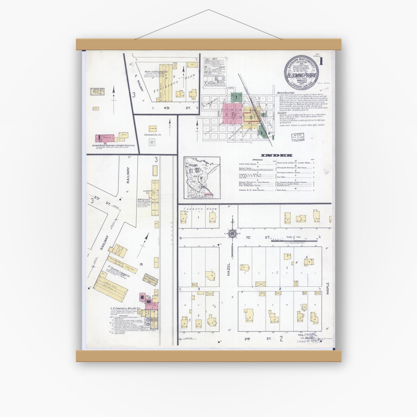 Old map wall art mockup — magnetic wood frame on white wall — Sanborn Fire Insurance Map from Blooming Prairie, Steele County, Minnesota (1917), Sheet #0001