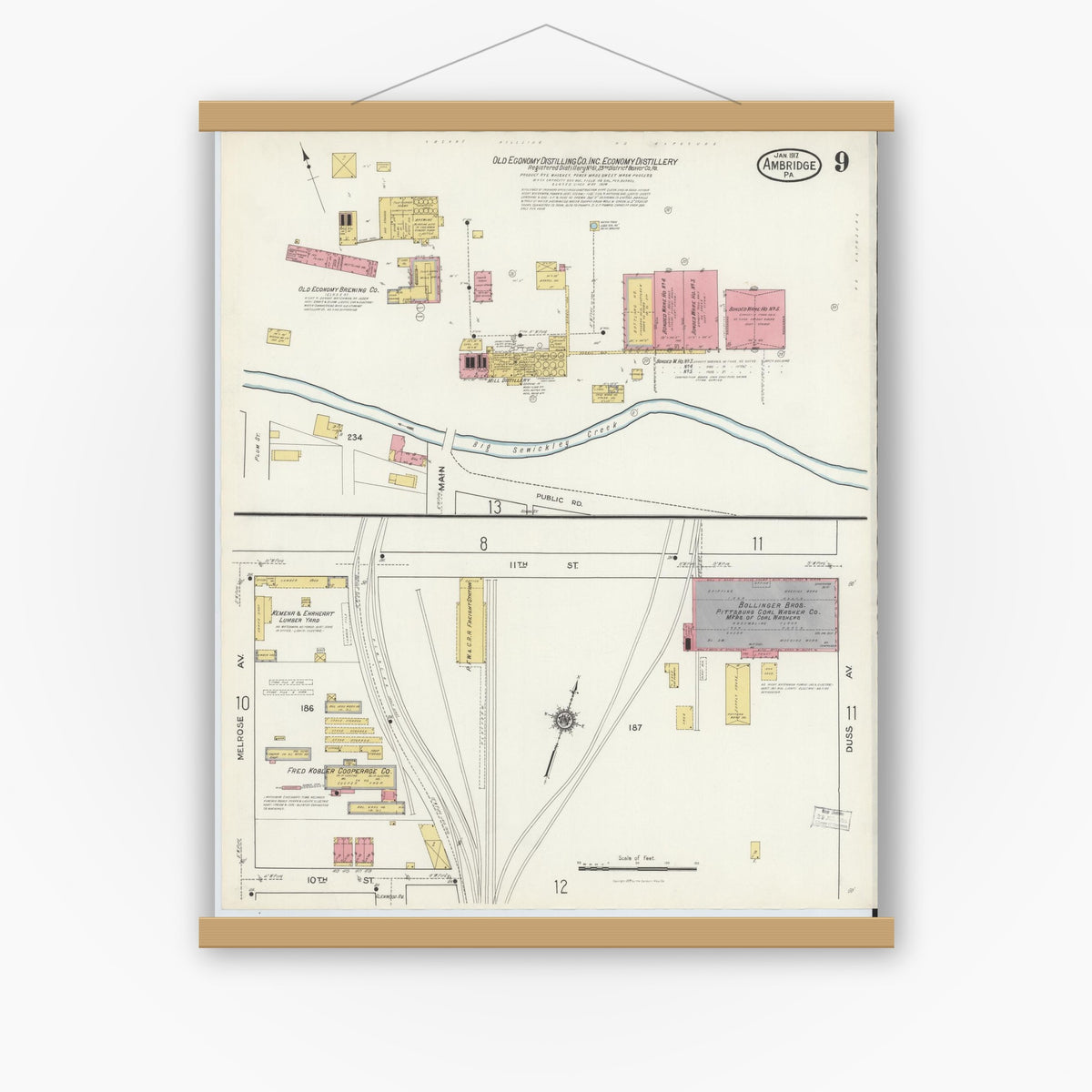 Old map wall art mockup — magnetic wood frame on white wall — Sanborn Fire Insurance Map from Ambridge, Beaver County, Pennsylvania (1917), Sheet #0009