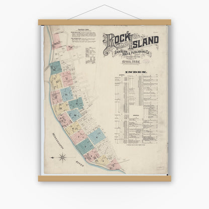 Old map wall art mockup — magnetic wood frame on white wall — Sanborn Fire Insurance Map from Rock Island, Rock Island County, Illinois (1886), Sheet #0001