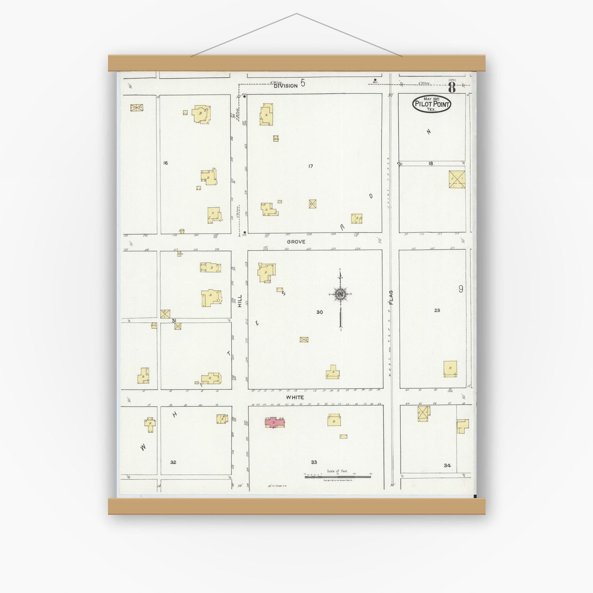 Old map wall art mockup — magnetic wood frame on white wall — Sanborn Fire Insurance Map from Pilot Point, Denton County, Texas (1921), Sheet #0008