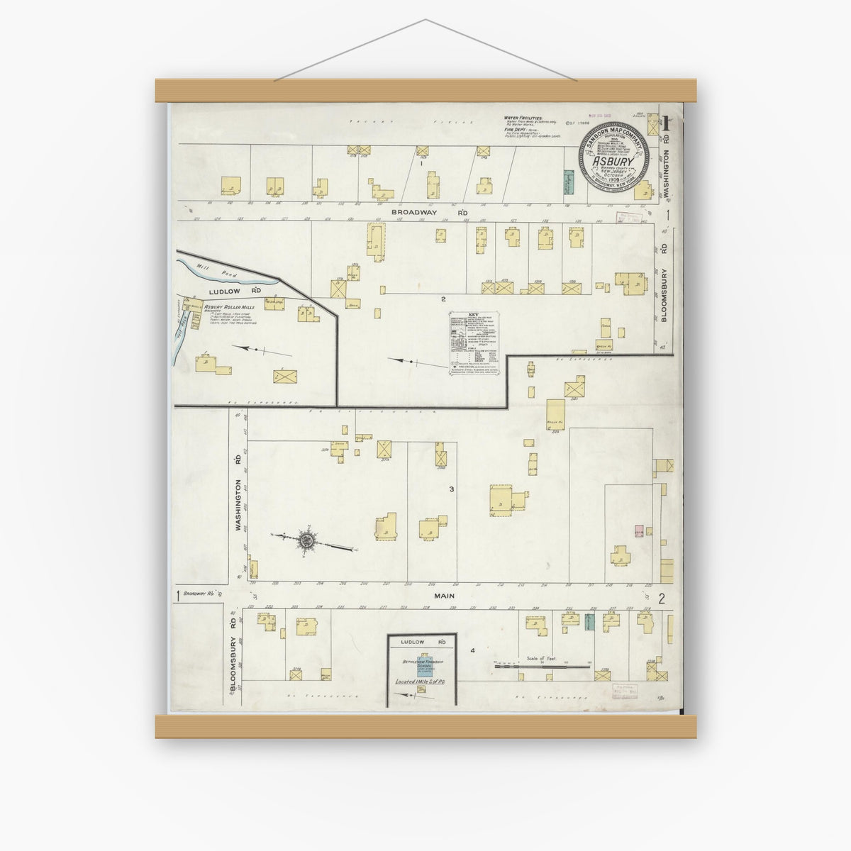 Old map wall art mockup — magnetic wood frame on white wall — Sanborn Fire Insurance Map from Asbury, Warren County, New Jersey (1909) - Complete Map Set