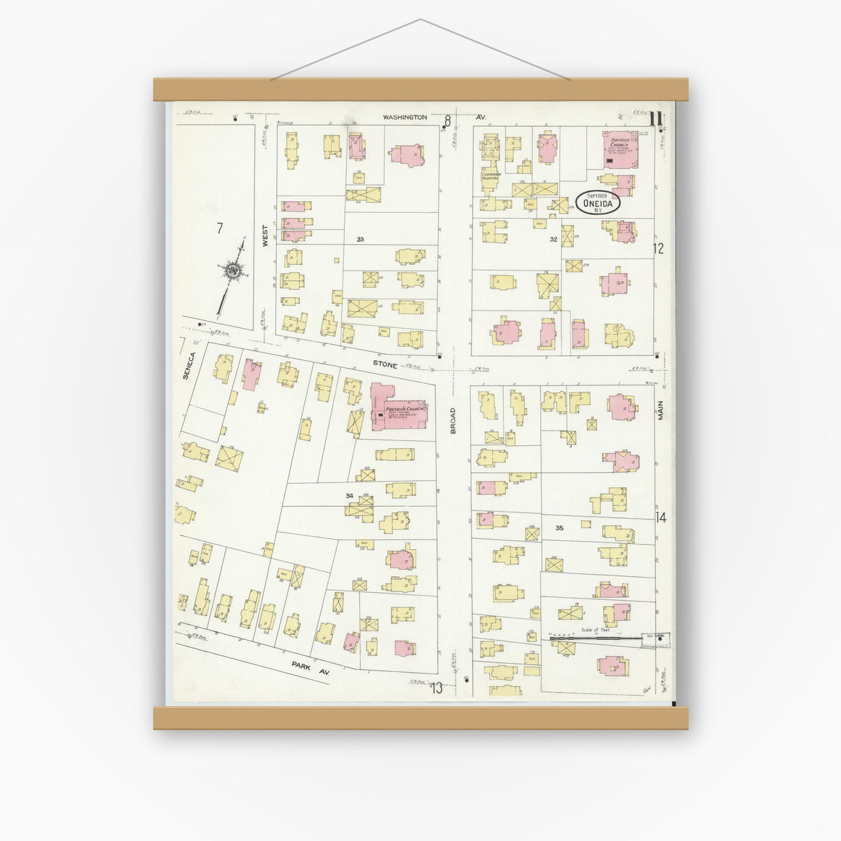 Old map wall art mockup — magnetic wood frame on white wall — Sanborn Fire Insurance Map from Oneida, Madison County, New York (1909), Sheet #0011